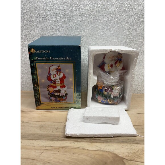 Traditions Porcelain Hand Painted Trinket Box Santa With Toys - Picture 13 of 15
